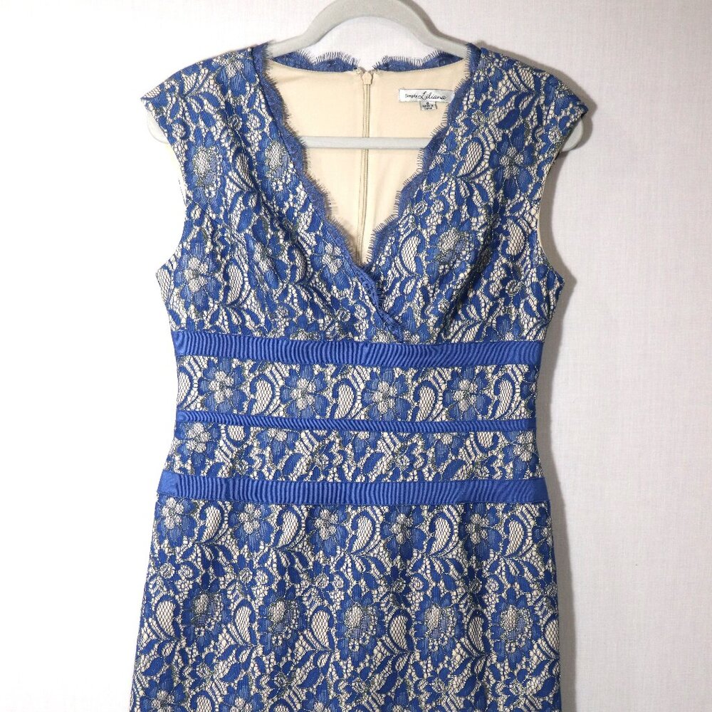 Simply Liliana Sleeveless Dress Size 8 Metallic Lace Sheath Blue V-Neck